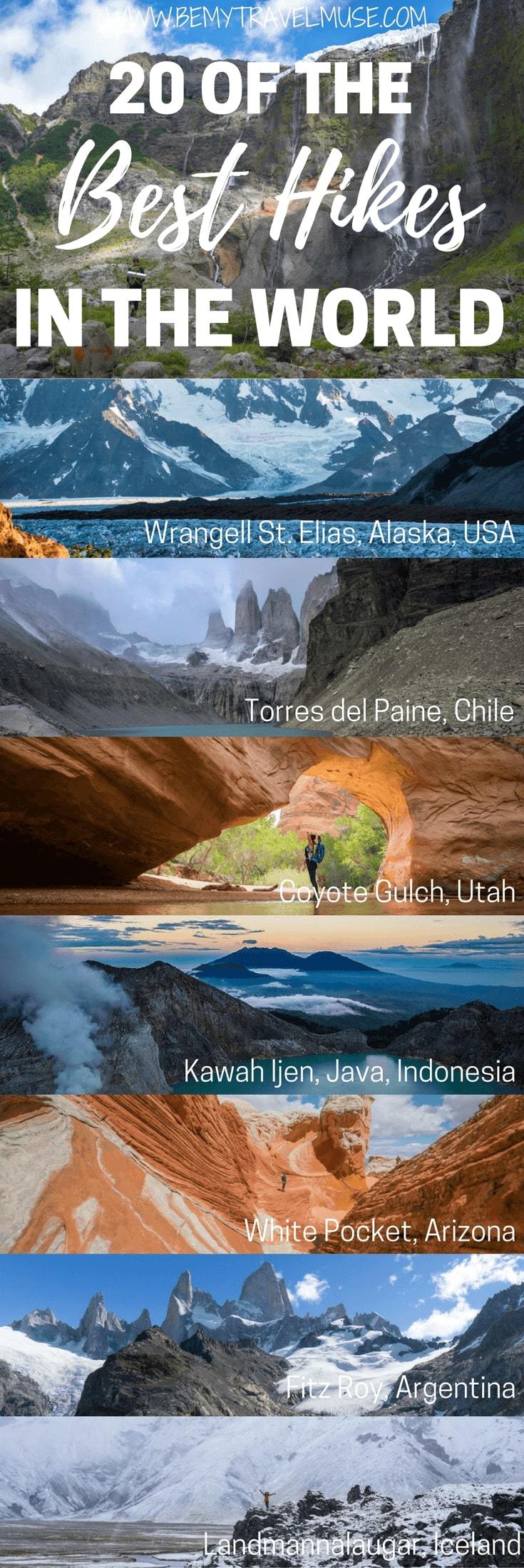 Here are the best hiking trails in the world, each has something incredible and unique to offer. Which one is your favorite? Be My Travel Muse | hiking Kyrgyzstan | Wrangell St. Elias Alaska | Annapurna Circuit Nepal | Huemul Circuit Argentina | Torres del Paine Chile | Coyote Gulch Utah | Kawah Ijen Java Indonesia | Cerro Tronador Argentina | Edelweissweg Switzerland | The Drakensberg South Africa | Mt. Rinjani, Lombok, Indonesia | White Pocket Arizona | Mount Kinabalu Malaysia | hiking tips | outdoor activities | hiking women