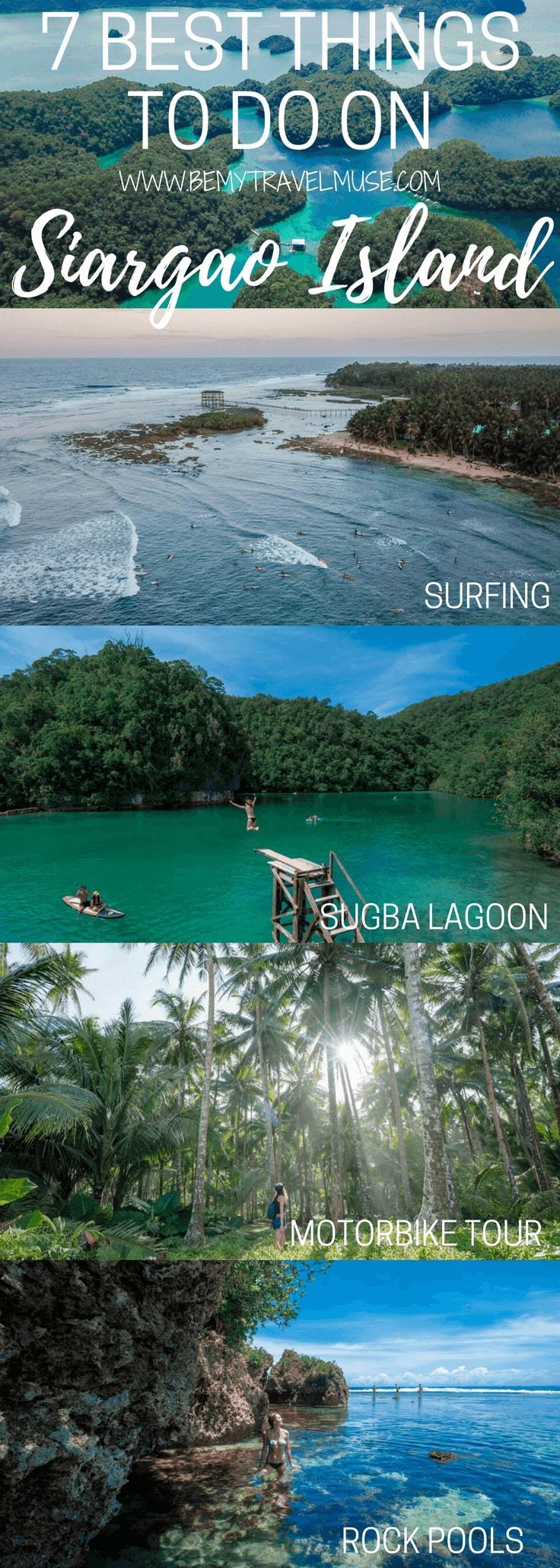 Here are the 7 awesome things to do on Siargao Island, Philippines, with additional information that will make it an awesome itinerary for your Siargao Island adventure! Be My Travel Muse | Solo female travel | Sugba Lagoon | Magpupungko Rock Pools | Philippines island travel