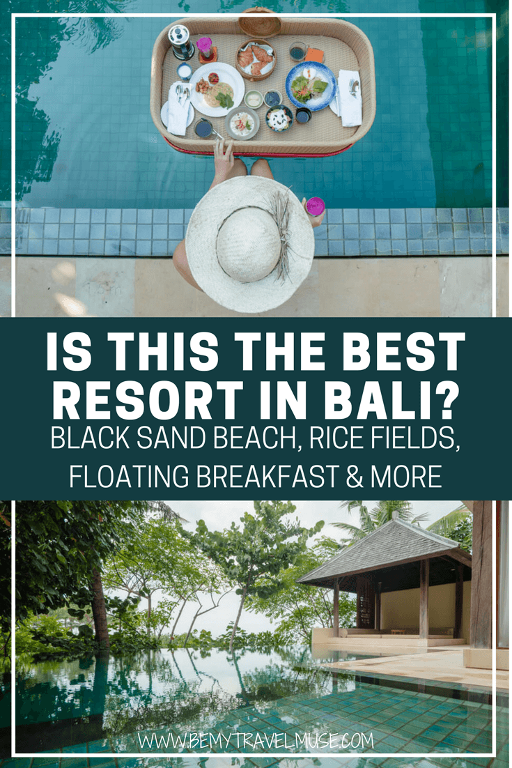 Planning your trip to Bali and wondering where to stay? I stayed at a resort that offers an olympic size pool (and a private pool), paddy rice fields, black sand beach with no one else on it, Insta-worthy floating breakfast and more. Click to read my full review of Komaneka Resort! Be My Travel Muse | Bali best resort | where to stay in Bali | Bali best villa resort