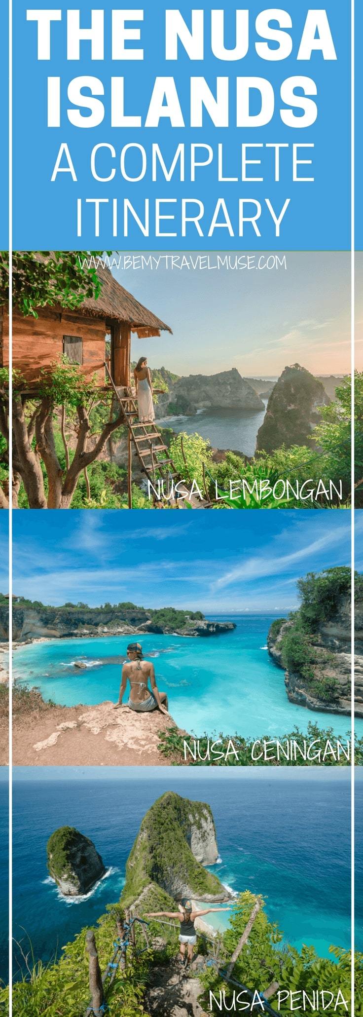 The ultimate guide to your trip in the Nusa Islands, Bali, Indonesia! A full itinerary that will help plan your trip, with all the best spots to see & go, accommodation and transportation tips! Be My Travel Muse | Nusa Lembongan | Nusa Penida | Nusa Ceningan | Blue Lagoon | Devil's Tear | Angel's Bilabong | Dream Beach | Kelingking Viewpoint | Bali travel tips | Indonesia travel tips
