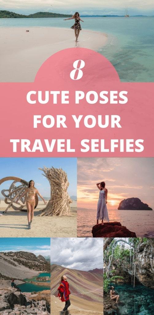 8 cute poses for your travel selfies! Forget the typical peace sign, these tips will help you pose better for your travel photos that will look nothing like a selfie! Click to read & join the 5-day pose challenge for free #Solofemaletravel #TravelSelfie