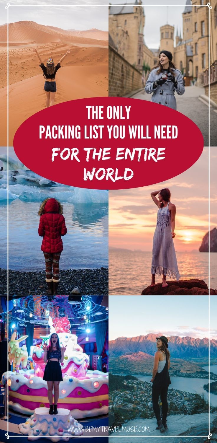This is the perfect women's packing list for the entire world. You will find clothing list for different climates, toiletries to bring, modesty consideration tips, and haircare abroad, travel insurance, as well as tech gear to bring on your trip. If you are planning a RTW trip, this packing list is made for you! #packinglist #womenpackinglist