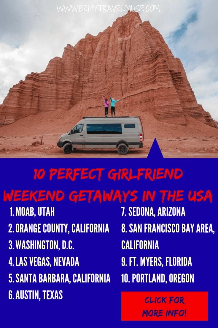 Planning a weekend getaway with your girlfriends? Here are 10 wonderful destinations in the USA that's perfect for everybody - whether your friend group prefers the outdoors, a lively or peaceful atmosphere, something natural, or more of a city vibe. If you have a long weekend coming up, this is the list for you! #USATravelTips #WeekendGetaway