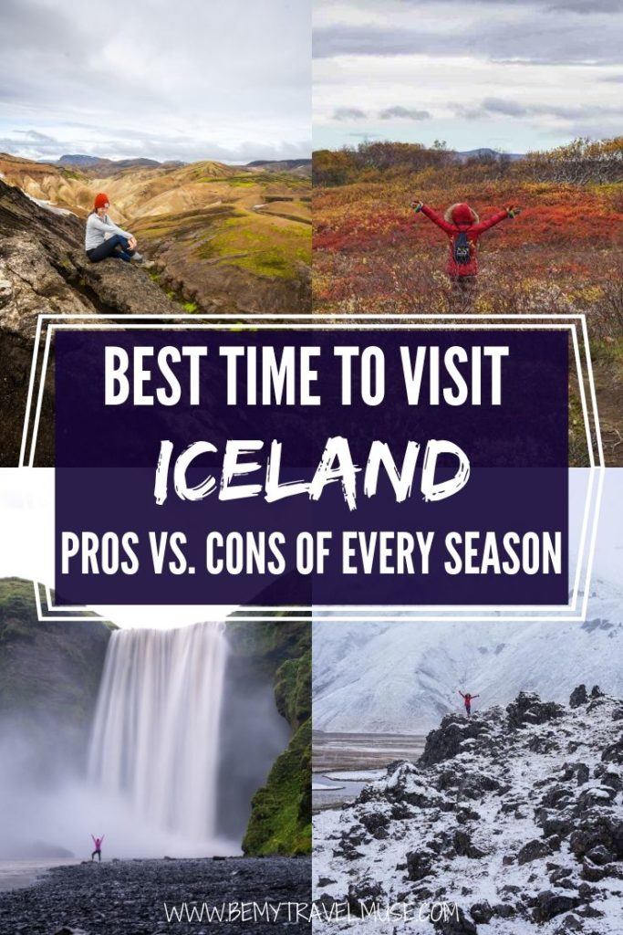 When is the best time to visit Iceland? When should you go if you want to see the waterfalls in full force, or if you want to do multiple-day hikes, or if you want to see the northern lights? Each season is unique and completely different in many ways. Click to read a complete breakdown of the pros and cons of visiting Iceland in the winter, spring, summer and fall to help you plan your trip. #Iceland