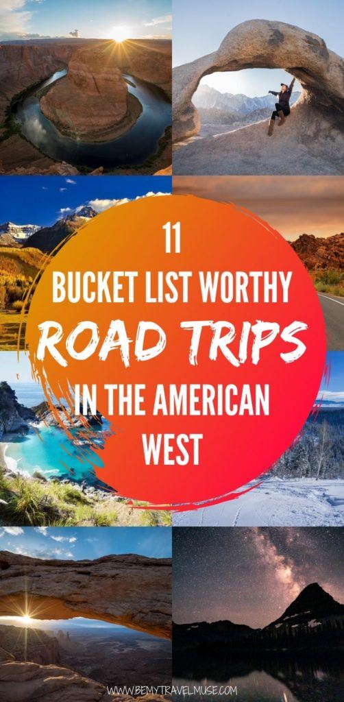 11 bucket list worthy road trips in the American West you NEED to go, spanning across California, Nevada, Utah, Arizona, Idaho, Montana, Wyoming, Oregon, Washington, Colorado, and New Mexico. 