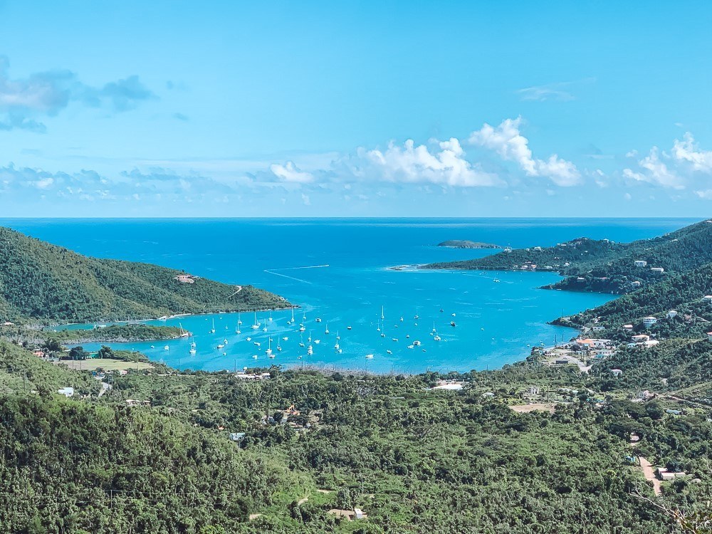 Lush and rugged Coral Bay marina from Centerline Road on St John