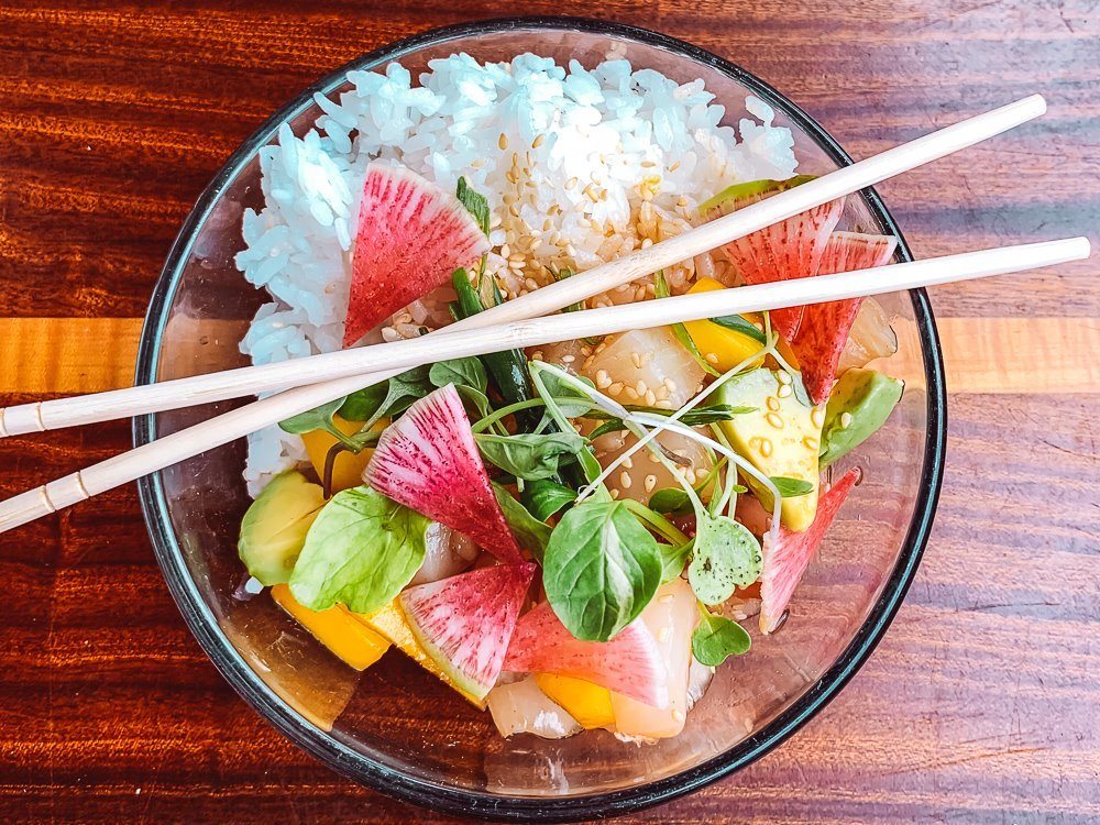 delicious ahi tuna bowl at the longboard in cruz bay on st john