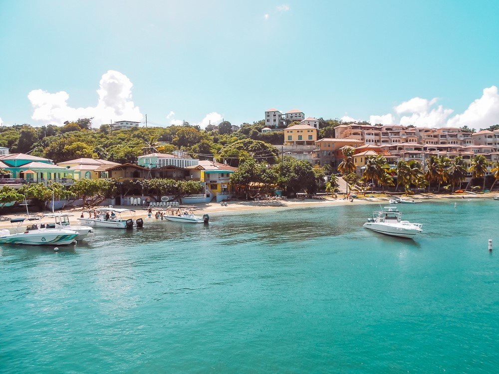 colorful restaurants and hotels along Cruz Bay in St John USVI