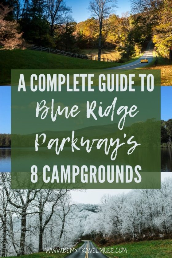 The ultimate Blue Ridge Parkway camping guide: complete information, insider tips and COVID info on all 8 campgrounds in the area, including Otter Creek Campground, Peaks of Otter Campground, Rocky Knob Campground, Doughton Park Campground, Julian Price Campground, Linville Falls Campground, Crabtree Falls Campground, and Mount Pisgah Campground. #BlueRidgeParkway #Virginia