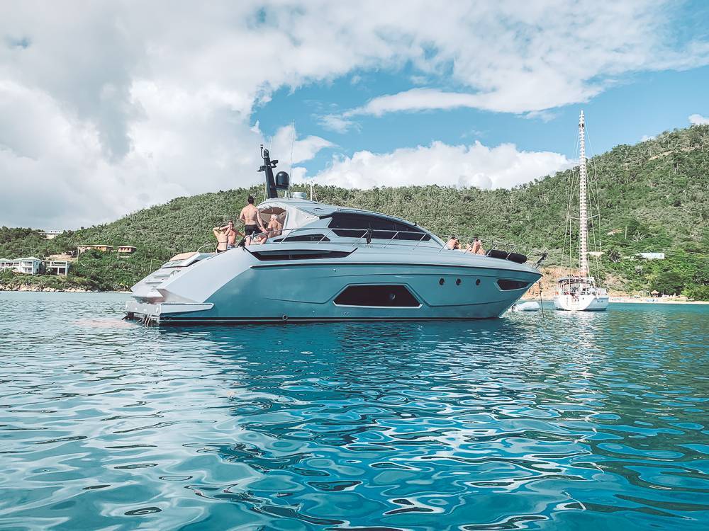 Big silver yacht docked in Hansen Bay - St John underrated beaches