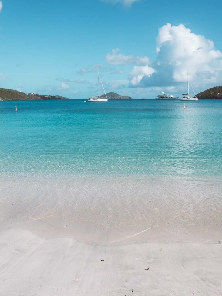 View of turquoise water and boats looking out to Magens Bay