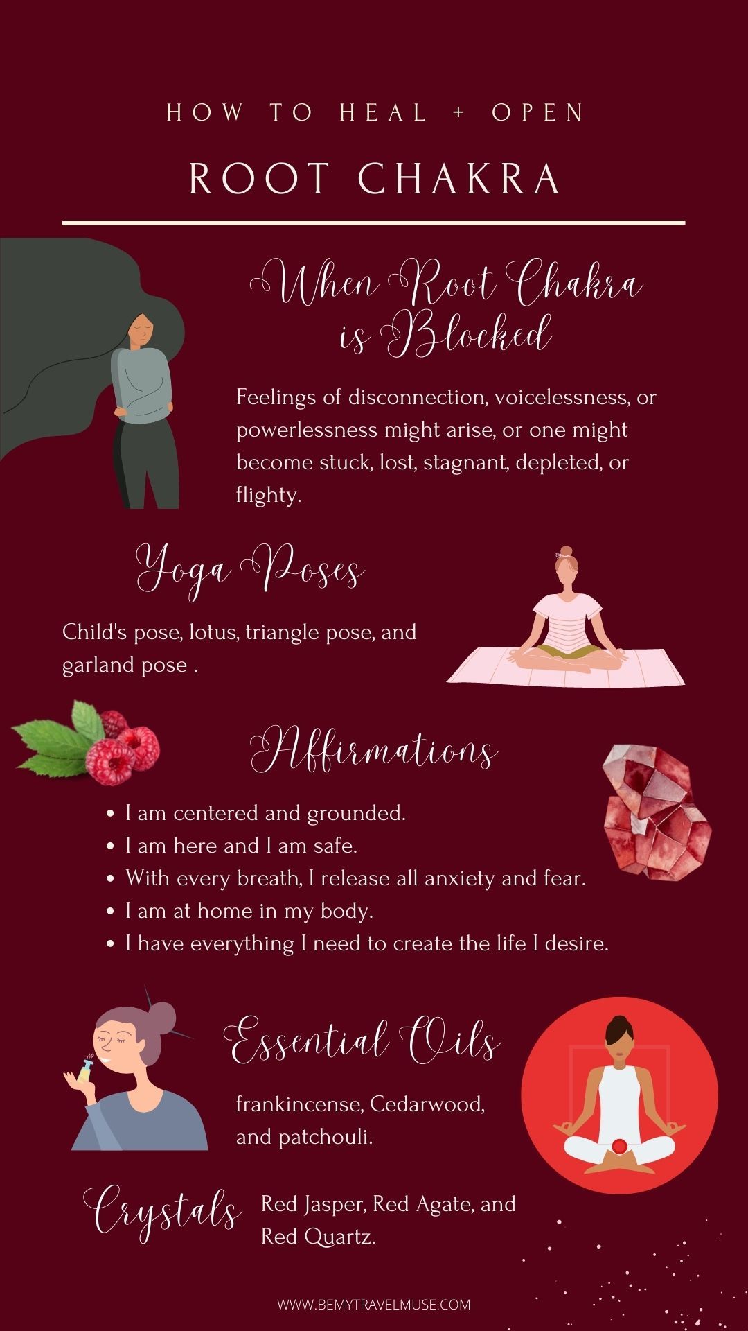 heal and open your root chakra through yoga poses, affirmations, essential oils, and crystals.